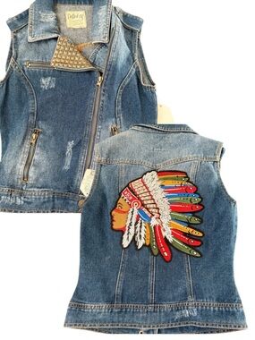 Moto Vest Denim Studded Lapel Native American Embroidery Patch Indian Motorcycle